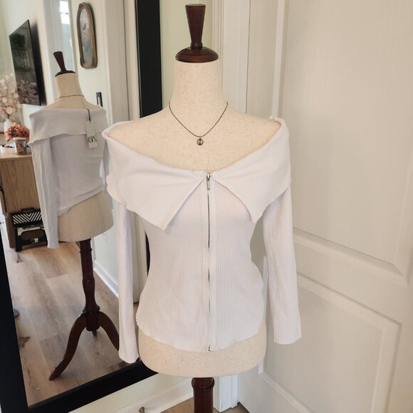 NWT Zara White Off-Shoulder Zip up ribbed Top shirt SS24 S/XS - Picture 3 of 4